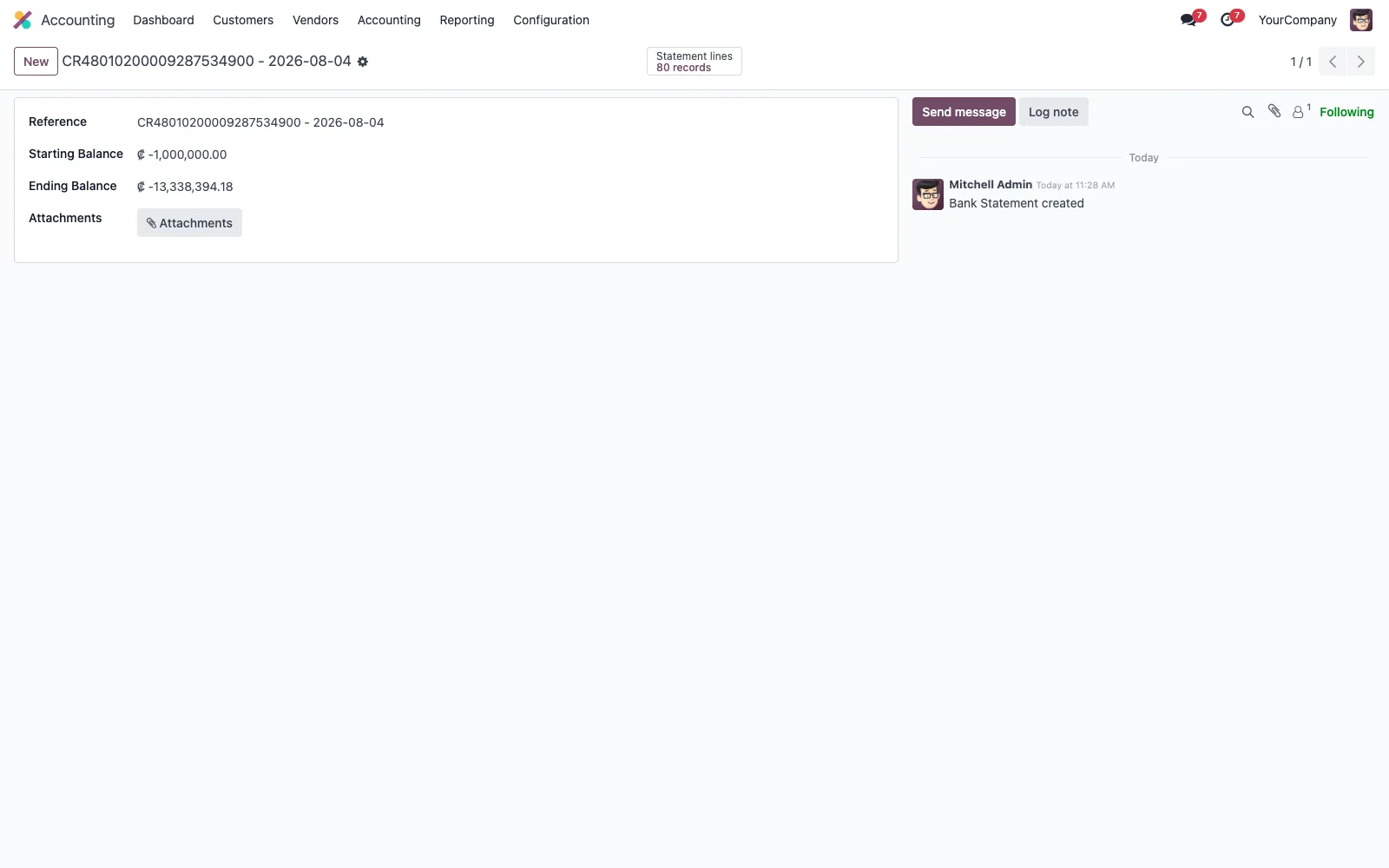 Extracto bancario de BAC dentro de Odoo, con 80 líneas sincronizadas
