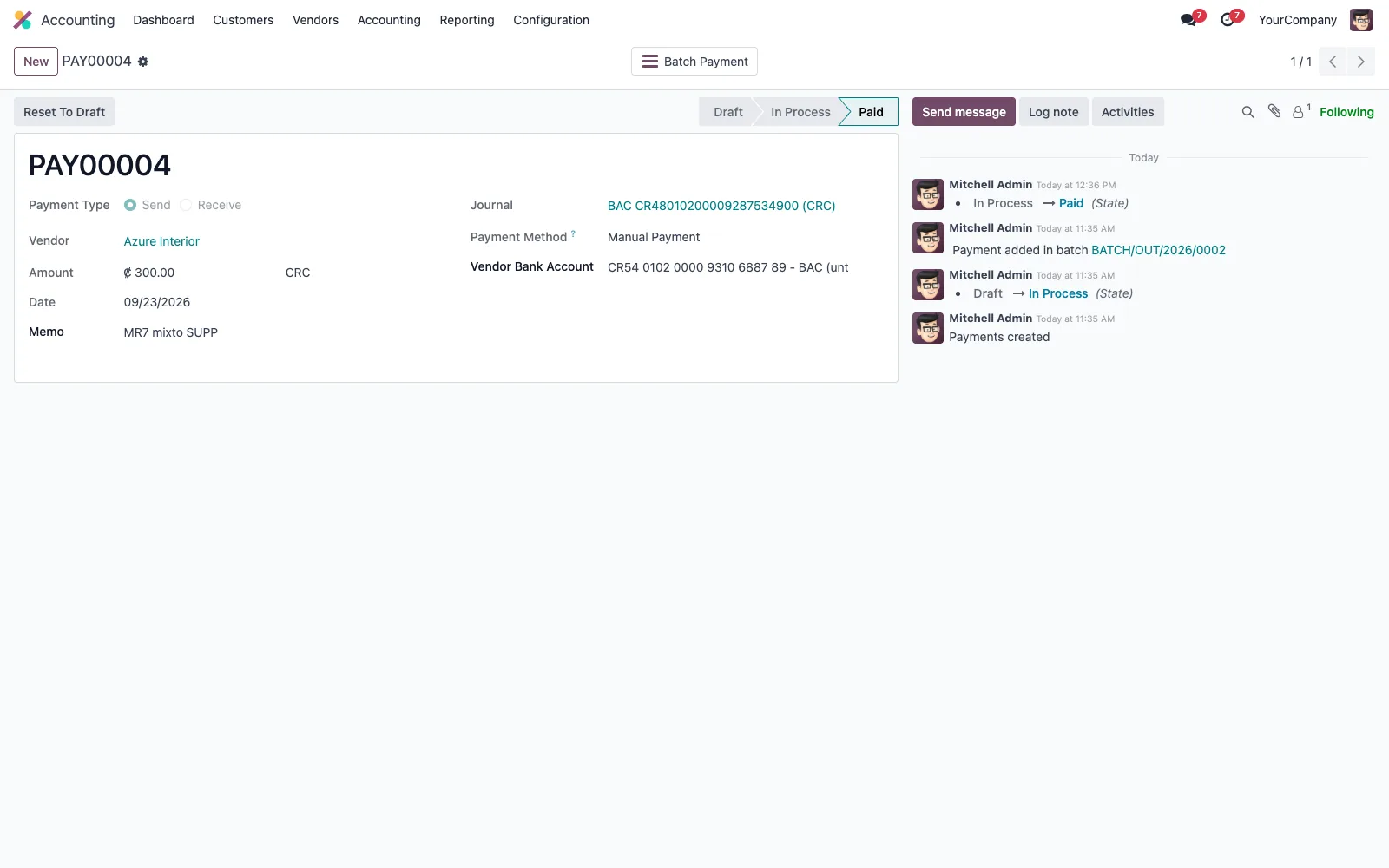 Pago a proveedor en Odoo en estado Pagado, con el historial del rastreo