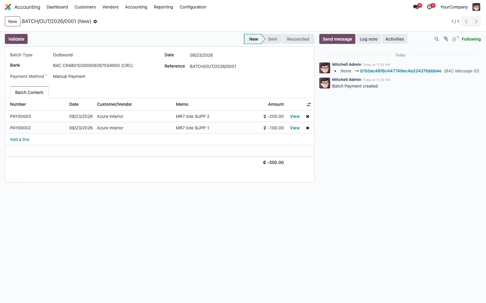 Lote de pagos a proveedores en Odoo; el historial muestra el message id que asignó BAC
