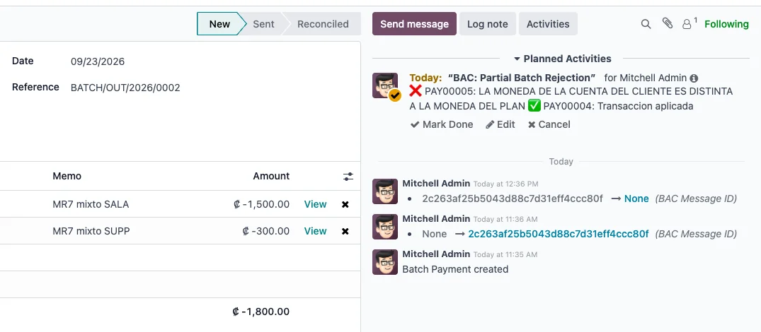 Lote de pagos en Odoo con la actividad BAC: Partial Batch Rejection, que cita a BAC línea por línea: PAY00005 rechazado porque la moneda de la cuenta es distinta a la del plan, PAY00004 aplicado
